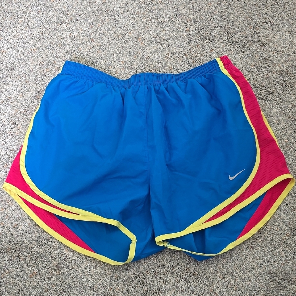 Nike Blue Running Shorts with Pink and Yellow Accents Medium